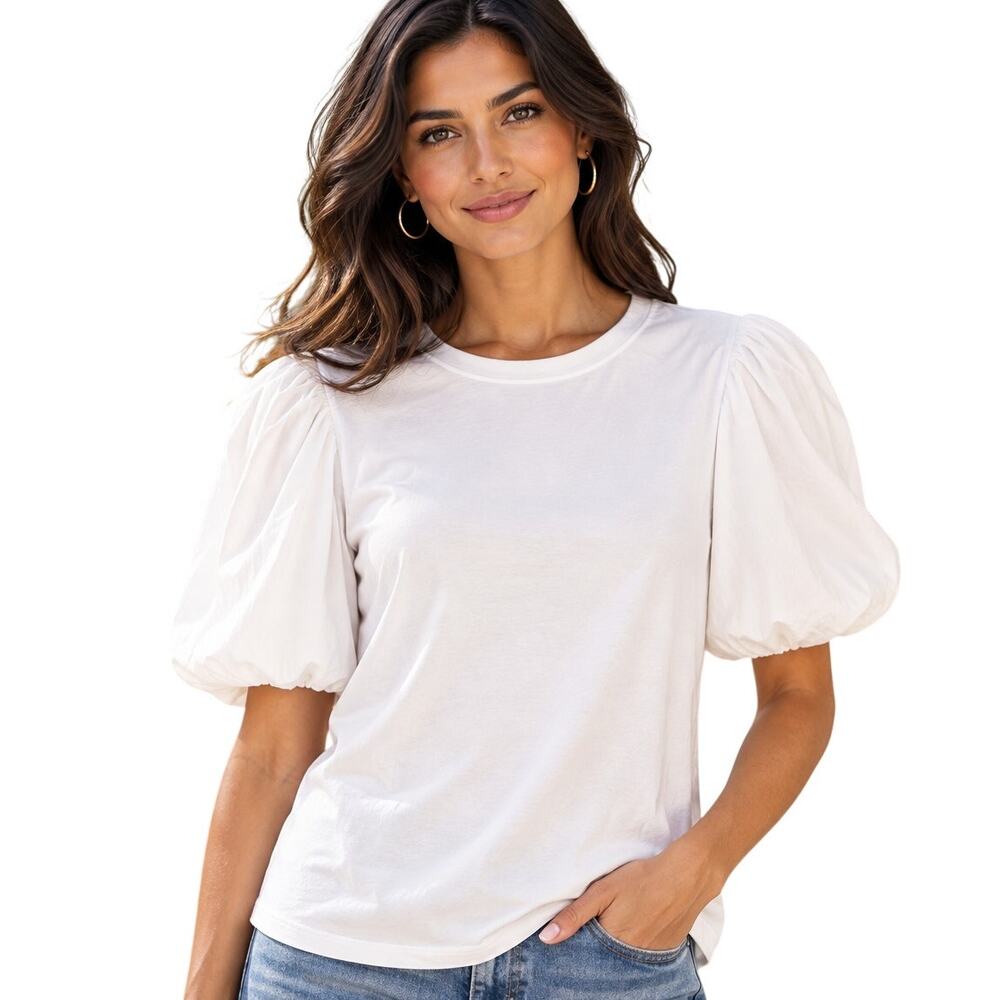 Veronica Beard Jeans Morrison Top Womens XL White Puff Sleeve Tee